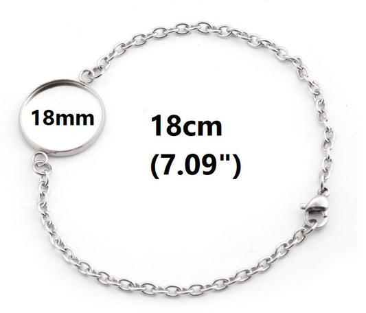 B095 - 3 pcs. 304 Stainless Steel Silver Tone Chain Bracelets - 7.09" (18cm) - 18mm Bezel - Tarnish Resistant!
