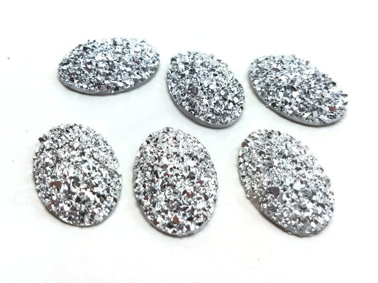 CA981 - 10 pcs Drusy Druzy Resin Embellishment Oval Cabochons - Silver - Dome - 25x18mm - 25mm x 18mm - 18x25mm - Thickness: 5mm