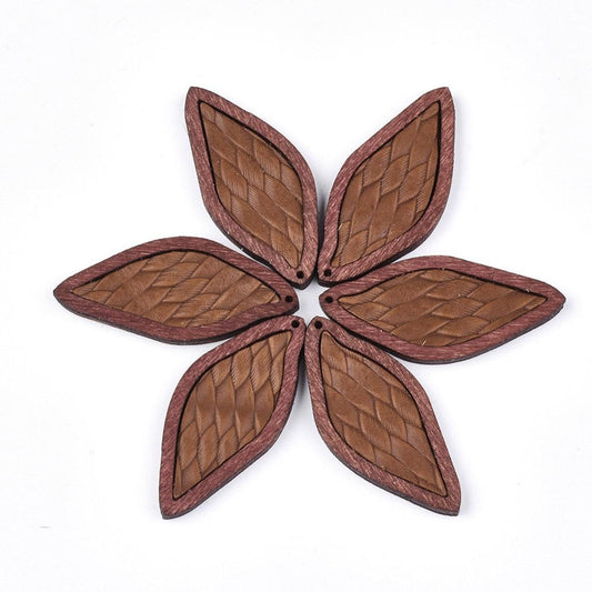 P2100 - 4 pcs. Light Brown REAL Leather Cowhide over Wood Dangle Pendants - Rattan - Leaf - 50mm (2") - Great for Earrings or Dangles!