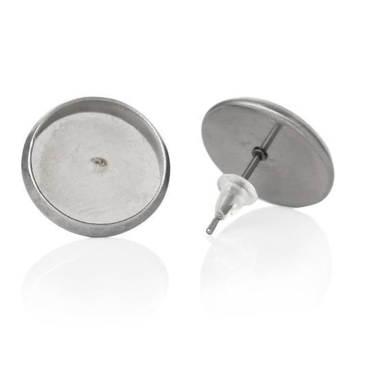 E410 - 10 pcs. 304 Stainless Steel Earring Posts Studs Settings Bezels Cabochons Tacks - 20mm Glue Pad Setting - Silver Tone - Tarnish Resistant!