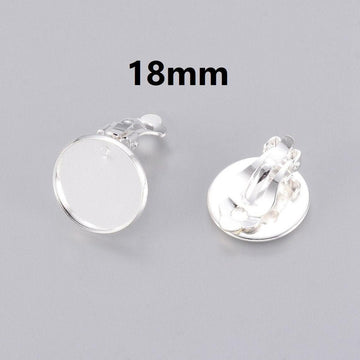 E736 - 10 pcs. Silver Plated Earring Clips Settings Hinged Bezels Cabochons - 18mm Glue Pad Setting