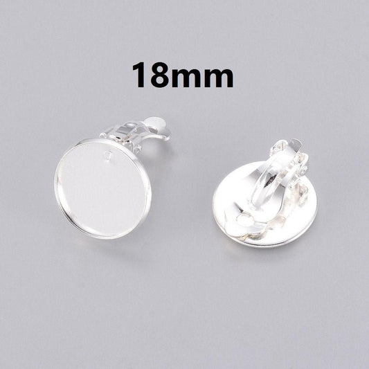 E736 - 10 pcs. Silver Plated Earring Clips Settings Hinged Bezels Cabochons - 18mm Glue Pad Setting