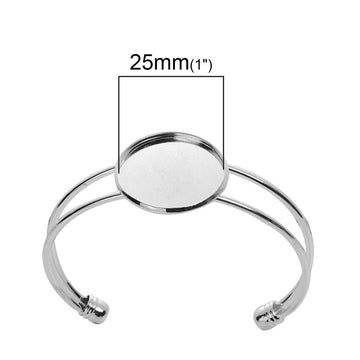 B086 - 1 pc. Silver Plated Open Cuff Bangle Adjustable Bezel Cabochon Bracelets - 25mm Glue Pad (1 inch - 1") - Made of Brass!