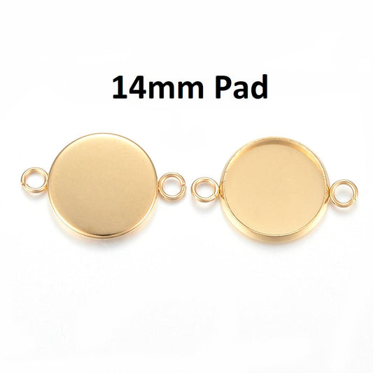 P1027 - 10 pcs. 304 Stainless Steel Golden Circle Round Bezel Cabochon Cameo Connector Tags Trays - 14mm Glue Pad - Tarnish Resistant!