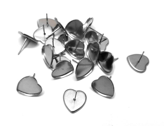 E738 - 10 pcs. 304 Stainless Steel Silver Tone Heart Earring Posts Studs Settings Bezels Cabochons Tacks - 12mm Glue Pad Setting - Rubber Backs