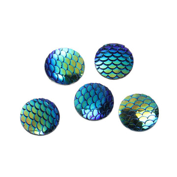 CA008A - 5 pcs Mermaid Fish Scales Resin Carved Embellishment Cabochons Blue AB - 12mm