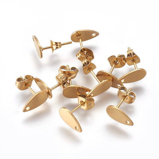 E555 - 10 pcs (5 pairs) 304 Stainless Steel Teardrop Earring Posts/Bases/Studs/Settings with Backs - 10mm x 6mm - Hole for Dangles - Golden