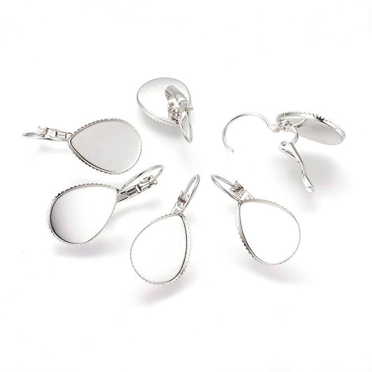 E569 - 10 pcs. Silver Tone Earring Clips Settings Lever Back Bezels - 18mm x 13mm Glue Pad Setting - Teardrop - 18x13mm - 13x18mm - Made of Copper