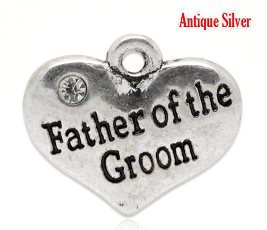 P070 - 10 pcs. Antique Silver "Father of the Groom" charm with rhinestone - 16mm X 14mm