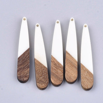 MP0014 - 4 pcs. White Resin and Wood Teardrop Flat Pendant - 44mm x 8mm - (1.73" x 0.32") - Great for Earrings and Necklaces!