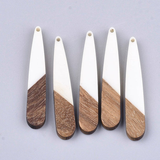 MP0014 - 4 pcs. White Resin and Wood Teardrop Flat Pendant - 44mm x 8mm - (1.73" x 0.32") - Great for Earrings and Necklaces!