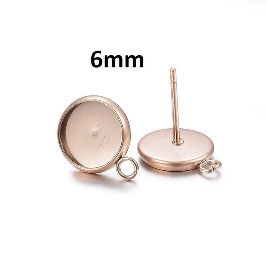 E379 - 10 pcs. 304 Stainless Steel Rose Gold Earring Posts Studs Settings Bezels Cabochons Tacks with Loop - 6mm Glue Pad Setting - Parallel Loop