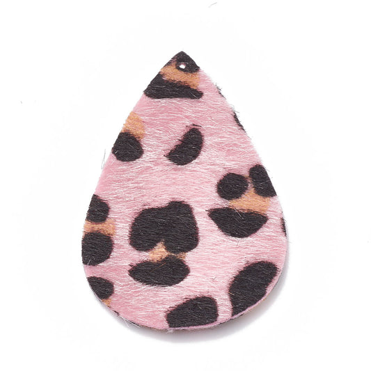 P252 - 10 pcs. Pink Leopard Faux Fur Leather Dangle Charms Pendants - Teardrop - 55mm (2.17") - Great for Light Earrings or Dangles! Double-Sided