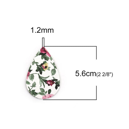 P864 - 10 pcs. White and Pink Floral Faux Leather Dangle Charms Pendants - Teardrop - 56mm (2.2") - Double Sided - Great for Earrings, Necklaces or Dangles