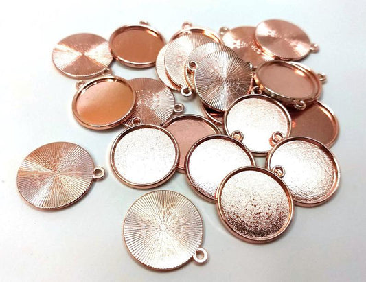 P481 - 10 pcs. Rose Gold Tone Circle Round Bezel Cabochon Pendant Tags Trays - 20mm Glue Pad - Single Loop - Hole Size: 1.9mm