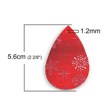 P1120 - 10 pcs. Red Faux Leather Dangle Charms Pendants - Snowflake - Teardrop - 56mm (2.2") - Great for Light Earrings or Dangles! Double-Sided