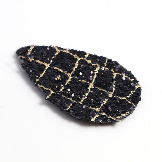 P2074 - 10 pcs. Black with Gold Squares Glitter Faux Leather Dangle Charms Pendants - Teardrop - 56mm (2.2") - Great for Earrings! Double-Sided