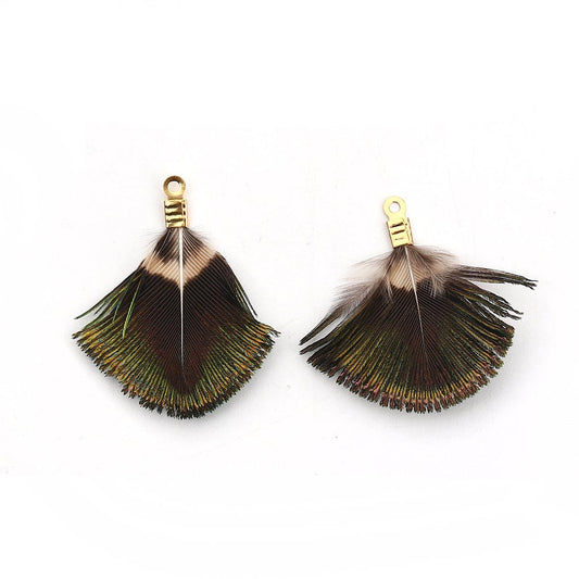 E762 - 5 pcs Peacock Multicolor Dangle Charms Pendants - Feather - Gold Crimps - 25mm (1") - Great for Large Earrings, Necklaces or Dangles!