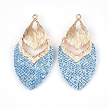 MP0006 - 10 pcs. Metal and Faux Leather Dangle Charms Pendants - Sky Blue - Gold Hardware - 61mm (2.4")