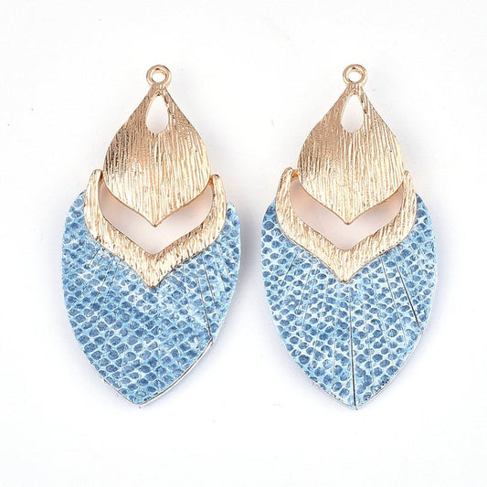 MP0006 - 10 pcs. Metal and Faux Leather Dangle Charms Pendants - Sky Blue - Gold Hardware - 61mm (2.4")