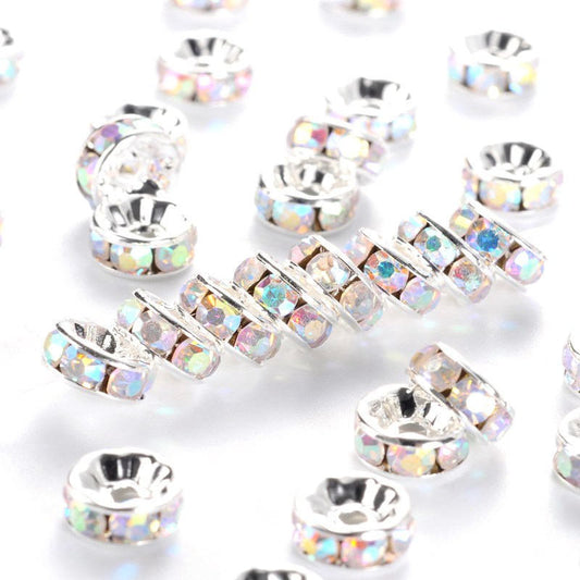 BD498 - 50 pcs Silver Plated Clear Rhinestone Rondelle Spacer Beads - 8mm x 3.8mm - Grade A - Hole Size: 1.5mm - Crystal AB - Straight Edges