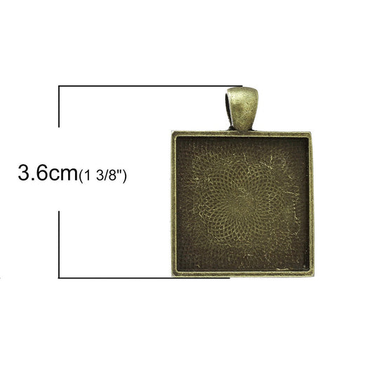 P2208 - 10 pcs. Antique Bronze Pendant Square Posts Frame Settings Bezels Cabochons Tags Trays - 25mm Glue Pad Setting (1 inch) - 36mm x 28mm