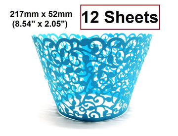 C013 - 12pcs Blue Filigree Paper Lace Wedding Party Cupcake Cake Cups Wrappers Liners - 217mm x 52mm (8.54" x 2.05")