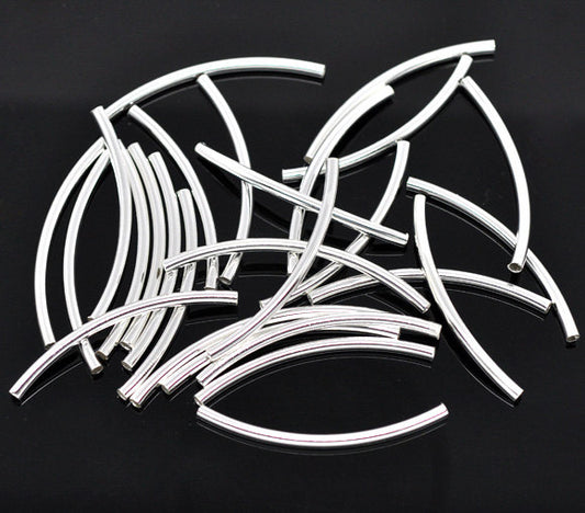 BD726 - 100 pcs. Silver Plated Noodle Tube Long Thin Smooth Curved Beads - 50mm x 3mm (2" x 0.12") - Made of Copper! High Quality! Hole Size: 2.4mm