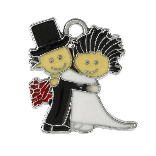 P133 - 10 pcs. Silver Tone Enamel Wedding Couple Charm - 24 mm X 22 mm