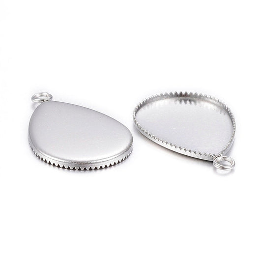 P2026 - 10 pcs. 304 Stainless Steel Teardrop Bezel Cabochon Pendant Tags Trays - 18mm x 13mm Glue Pad - Setting - Hypoallergenic! Tarnish Resistant!