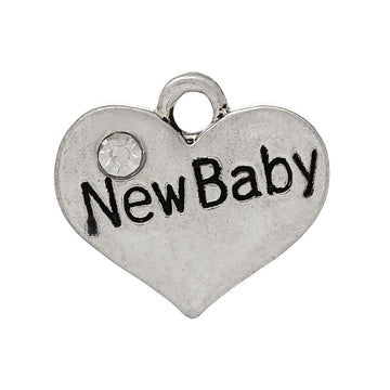 P049 - 10 pcs. Antique Silver "New Baby" charm with rhinestone - 17mm X 15mm