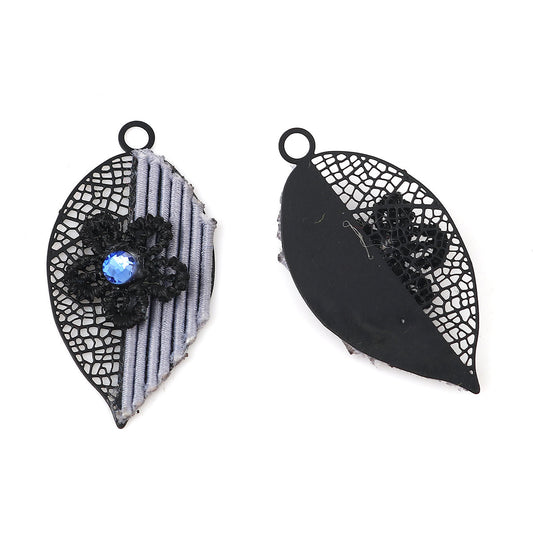 P604 - 4 pcs Black Gray Metal Dangle Charms Pendants - Floral Leaf - 37mm x 19mm - Great for Light Earrings, Necklaces or Dangles!