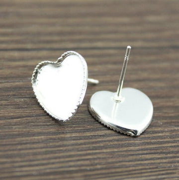 E730B - 100 pcs. Shiny Silver Heart Earring Posts Studs Settings Bezels Cabochons Tacks- 10mm Glue Pad Setting