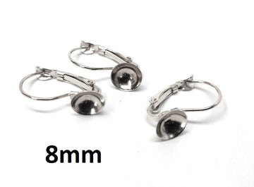E589 - 10 pcs. (5 pairs) Silver Tone Earring Lever Back Clips - Cone Posts - For 8mm Round Back Cabochons