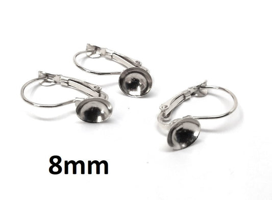 E589 - 10 pcs. (5 pairs) Silver Tone Earring Lever Back Clips - Cone Posts - For 8mm Round Back Cabochons