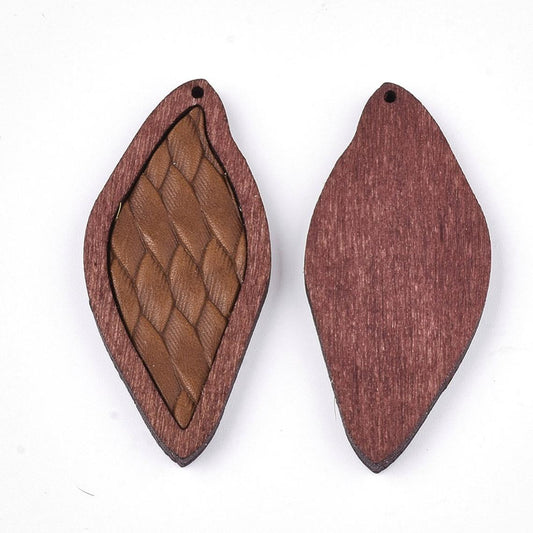P2100 - 4 pcs. Light Brown REAL Leather Cowhide over Wood Dangle Pendants - Rattan - Leaf - 50mm (2") - Great for Earrings or Dangles!