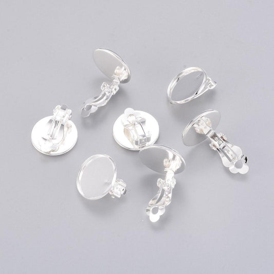 E736 - 10 pcs. Silver Plated Earring Clips Settings Hinged Bezels Cabochons - 18mm Glue Pad Setting