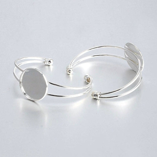 B086 - 1 pc. Silver Plated Open Cuff Bangle Adjustable Bezel Cabochon Bracelets - 25mm Glue Pad (1 inch - 1") - Made of Brass!