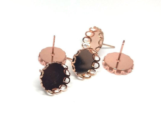 E422 - 10 pcs. Rose Gold Plated Earring Posts Studs Settings Bezels Cabochons Tacks- 12mm Glue Pad Setting - Crown Design