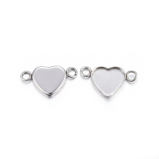 P469 - 10 pcs. Stainless Steel Heart Bezel Cabochon Cameo Connector Tags Trays - 11mm x 10mm Glue Pad - Silver Tone - Tarnish Resistant!