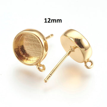 E392 - 4 pcs. Golden Earring Posts Studs Settings Bezels Cabochons Tacks with Perpendicular Loop - 12mm Glue Pad - Made of Brass - Flat Base - Deep