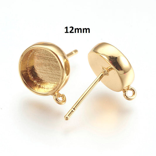 E392 - 4 pcs. Golden Earring Posts Studs Settings Bezels Cabochons Tacks with Perpendicular Loop - 12mm Glue Pad - Made of Brass - Flat Base - Deep