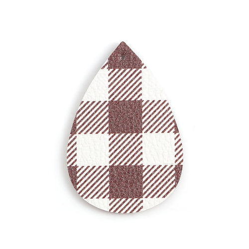 P1040 - 10 pcs Brown and White Faux Leather Dangle Pendants - Teardrop - Gingham Pattern - 56mm (2.2") - Great for Earrings or Dangles! Double-Sided