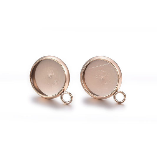 E379 - 10 pcs. 304 Stainless Steel Rose Gold Earring Posts Studs Settings Bezels Cabochons Tacks with Loop - 6mm Glue Pad Setting - Parallel Loop