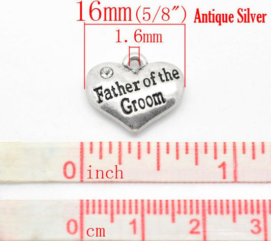 P070 - 10 pcs. Antique Silver "Father of the Groom" charm with rhinestone - 16mm X 14mm