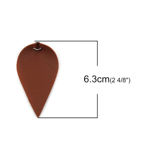 P1166 - 10 pcs. Light Brown Faux Leather Dangle Charms Pendants - Pinch Leaf - Silver Tone Jump Ring - 63mm (2.5") - Great for Earrings or Dangles