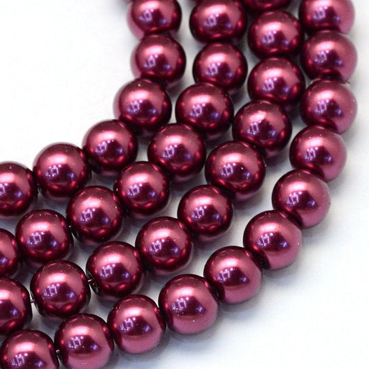 BD714 - 8mm Burgundy Red Glass Pearl Imitation Round Beads - 32 inch strand - Hole Size: 1mm - Approx. 105 beads