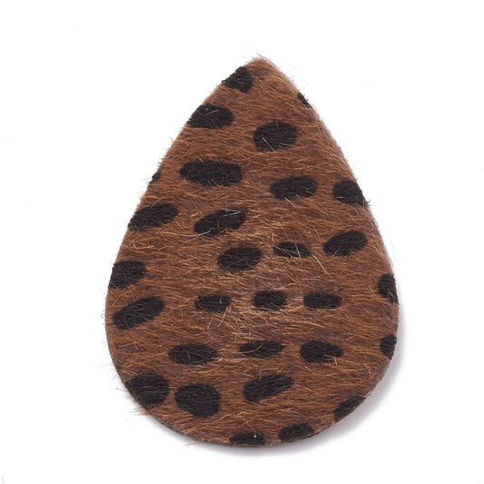 P253 - 10 pcs. Brown Leopard Faux Fur Leather Dangle Charms Pendants - Teardrop - 55mm (2.17") - Great for Light Earrings or Dangles! Double-Sided