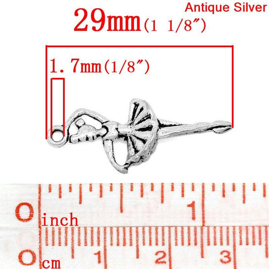 P106A - 50 pcs. Antique Silver Ballet Dancer Girl Ballerina Charms Pendants - 29mm x 12mm