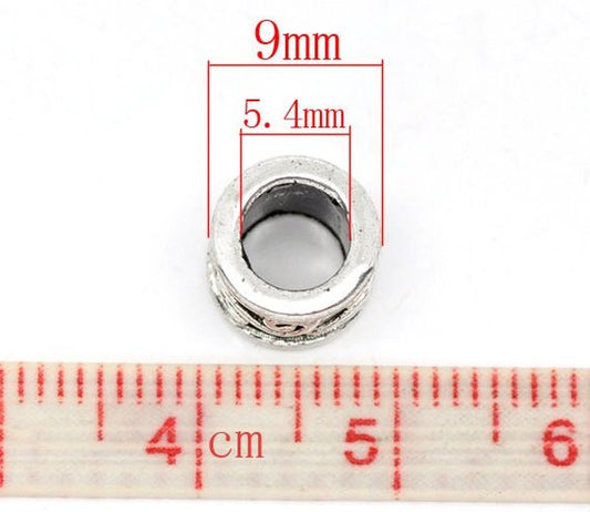 BD488 - 50 pcs. Antique Silver Pattern Tibetan Swirls Tube European Spacers - 9mm x 7mm
